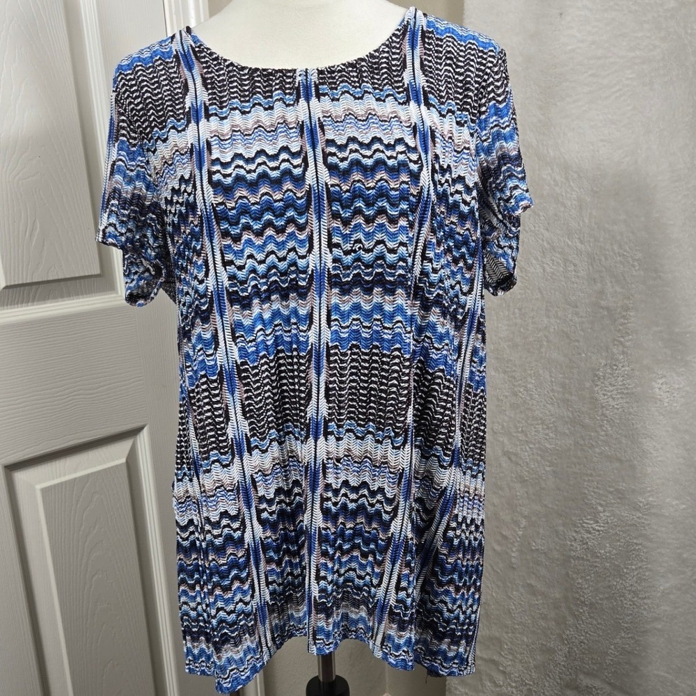 Hannah Women's XL‎ Top Blue Black White Patterned Short Sleeve Knit Blouse Boho